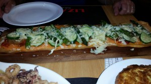 I am not sure what it was called but it translated to a Vegetarian Flat-bread. Tod had Calamari and some type of Potato Bake. 